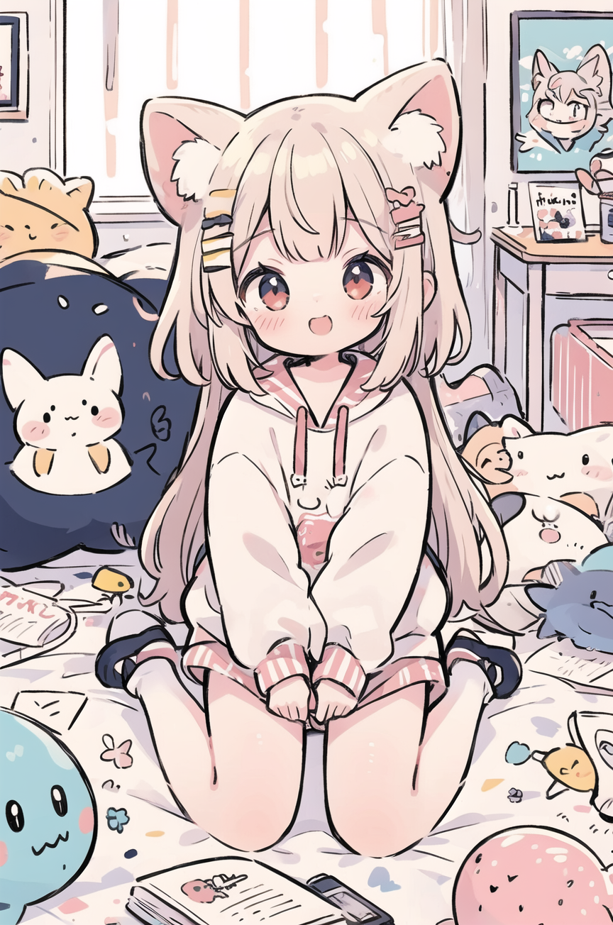 00530-1541803611-beautiful illustration, sketch, best quality, cute girl, kigurumi, petite, wariza, (messy) room, toys, happy, fanart, Akagi Miri.png